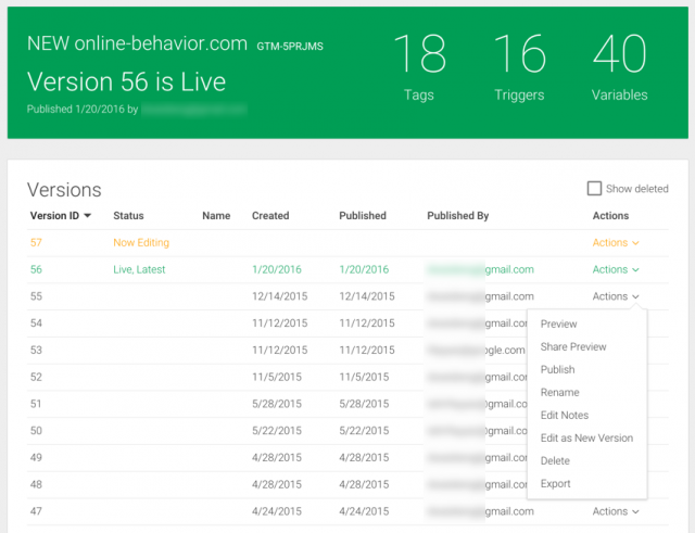 Tag Manager versions Tag Manager versions