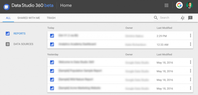 Data Studio interface