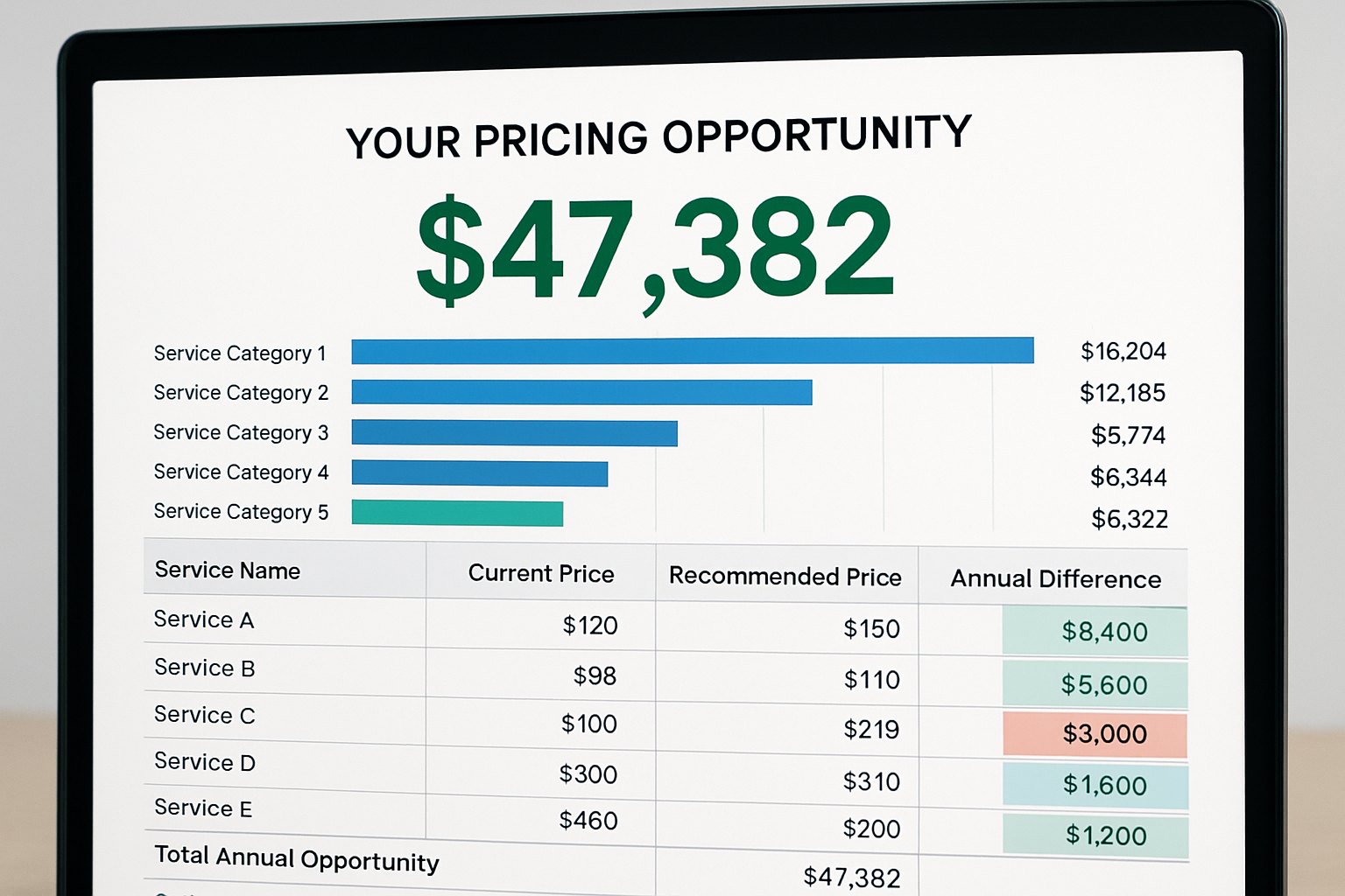 The P.R.I.C.E. Calculator dashboard showing your pricing opportunity