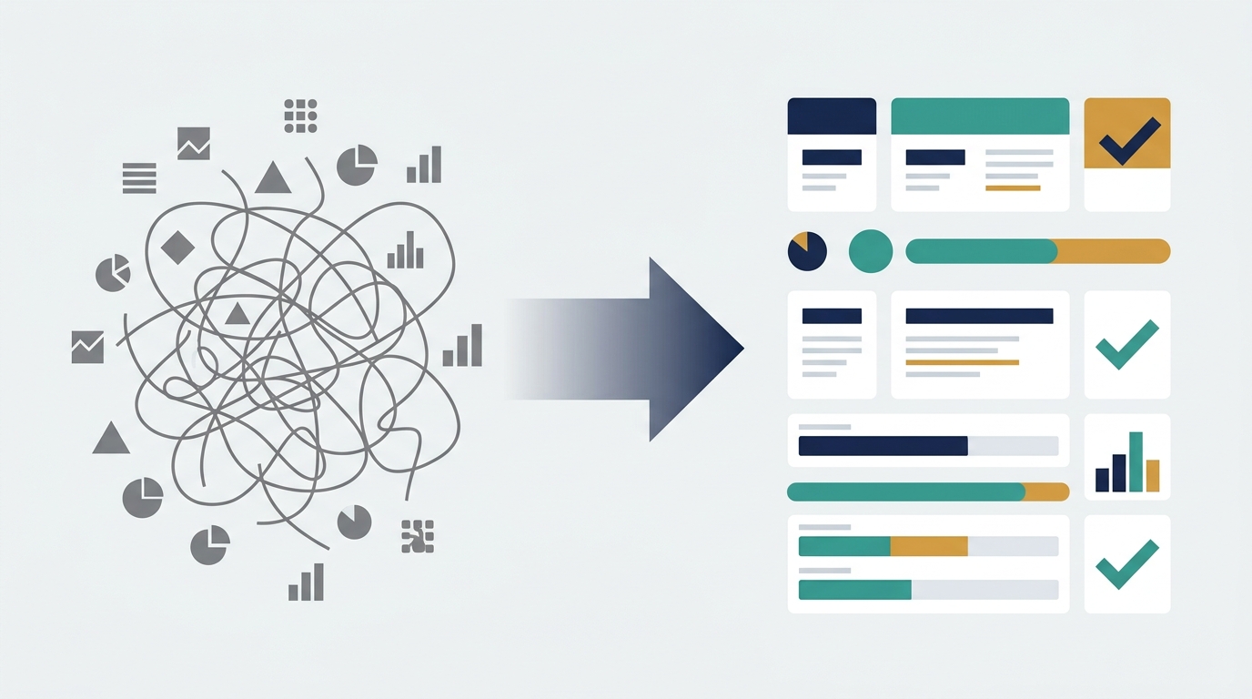 Messy, unlabeled data reorganized into a clear, structured system