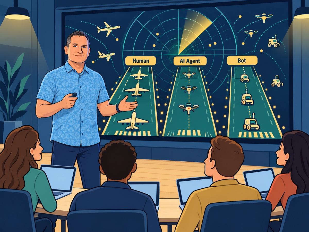 Illustration of Jeff Sauer teaching a class of marketers at laptops, in front of a radar screen sorting traffic into Human, AI Agent and Bot runways