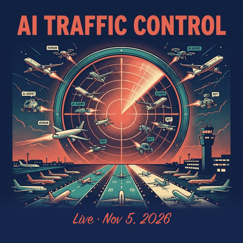AI Traffic Control workshop poster: a radar scope sorting incoming planes, drones and robots tagged Human, AI Agent and Bot into separate runway lanes. Live, Nov 5, 2026