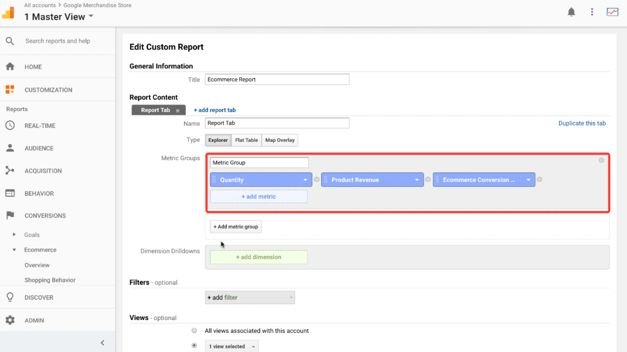 Google Analytics custom reports for ecommerce