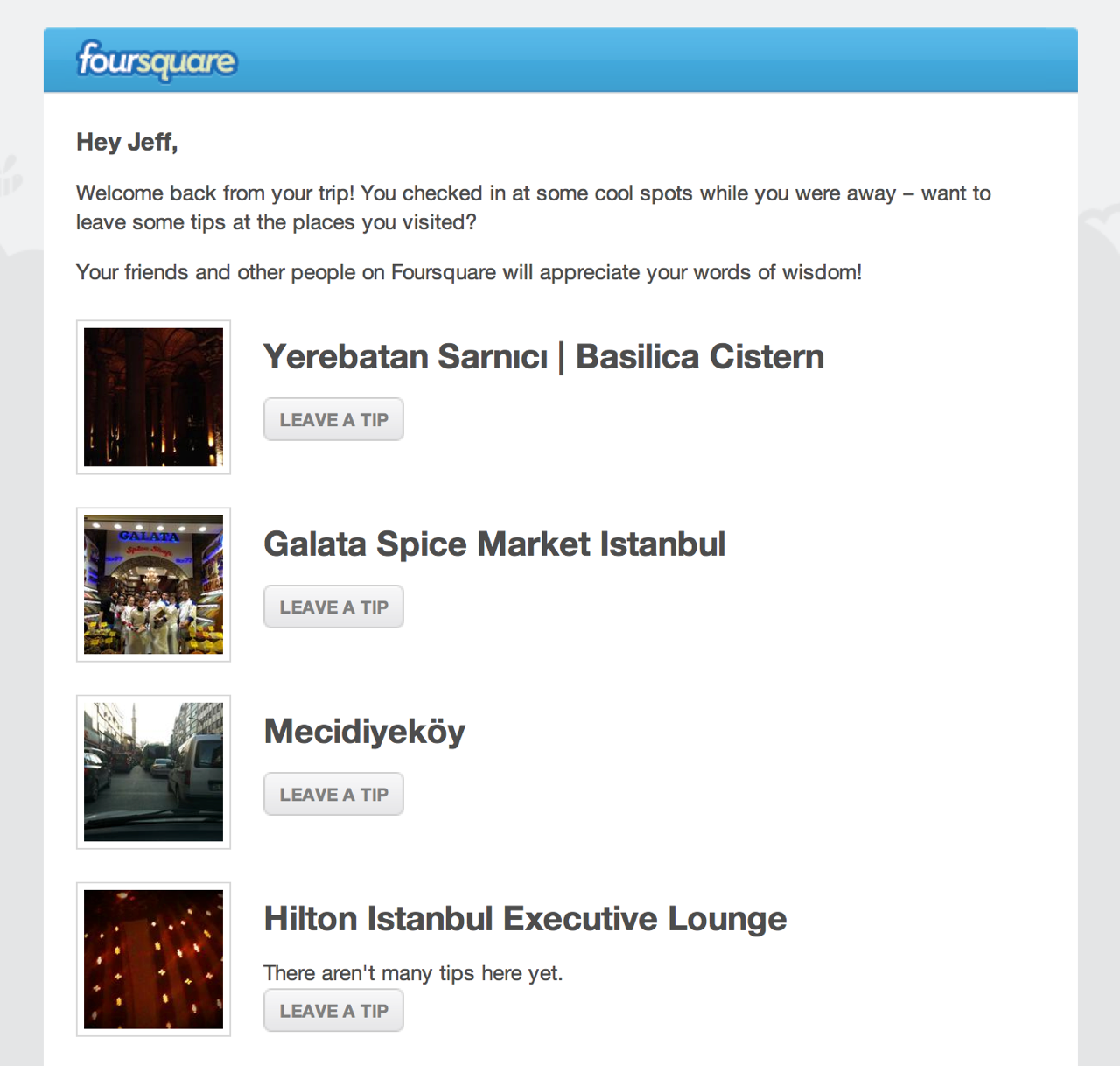 Foursquare Welcome Back Email