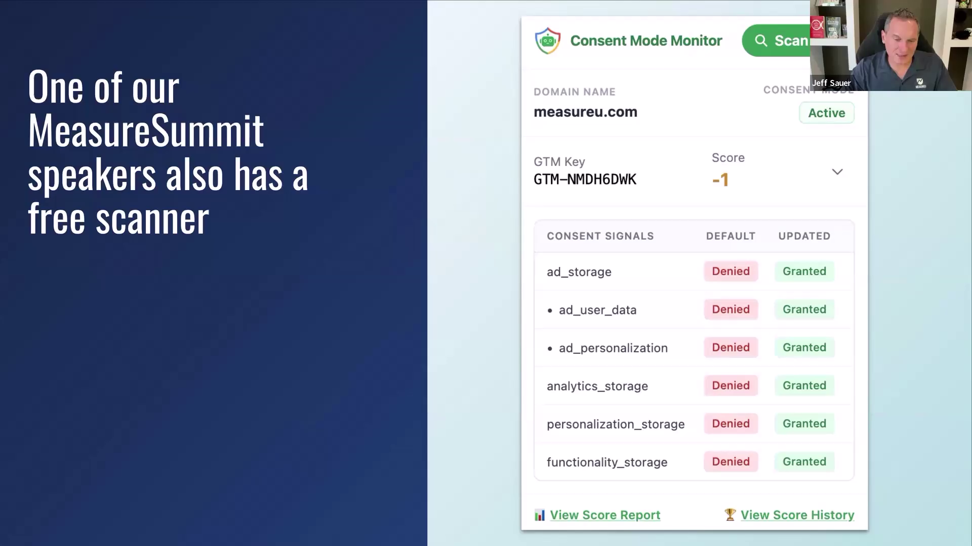 Free consent mode monitor scanning a domain from the outside and flagging denied consent signals