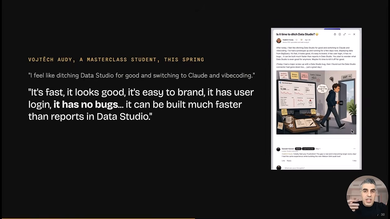 Masterclass student Vojtech Audy quoted saying he feels like ditching Data Studio for good