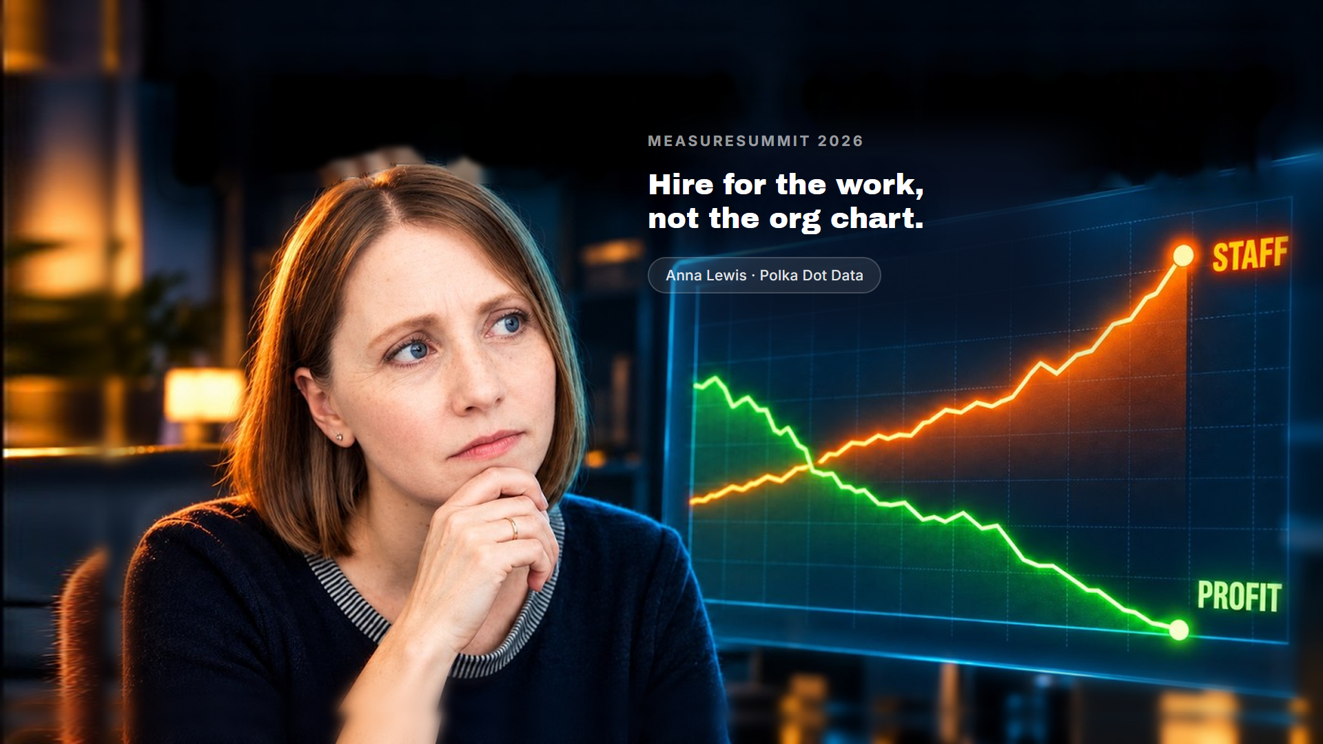 Anna Lewis beside a chart where the staff line rises as the profit line falls, under the line Hire for the work, not the org chart