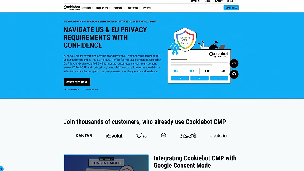 Cookiebot by Usercentrics website showing Google-certified consent management and Consent Mode integration