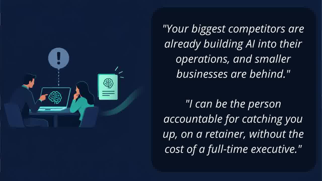Slide with the fractional AI officer pitch: your biggest competitors are already building AI into their operations, I can be the person accountable for catching you up on a retainer