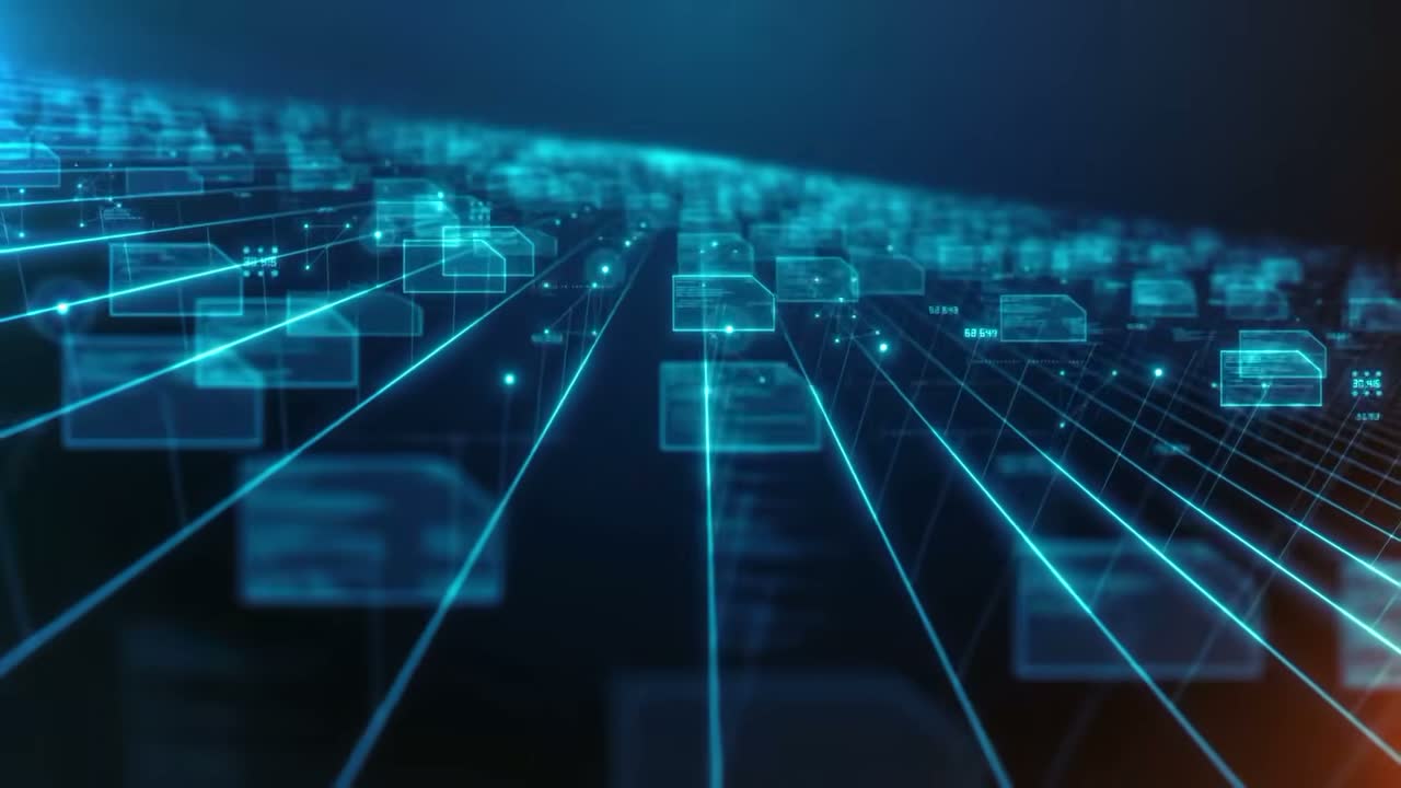 B-roll of glowing data streams flowing across a city grid, the information economy in motion