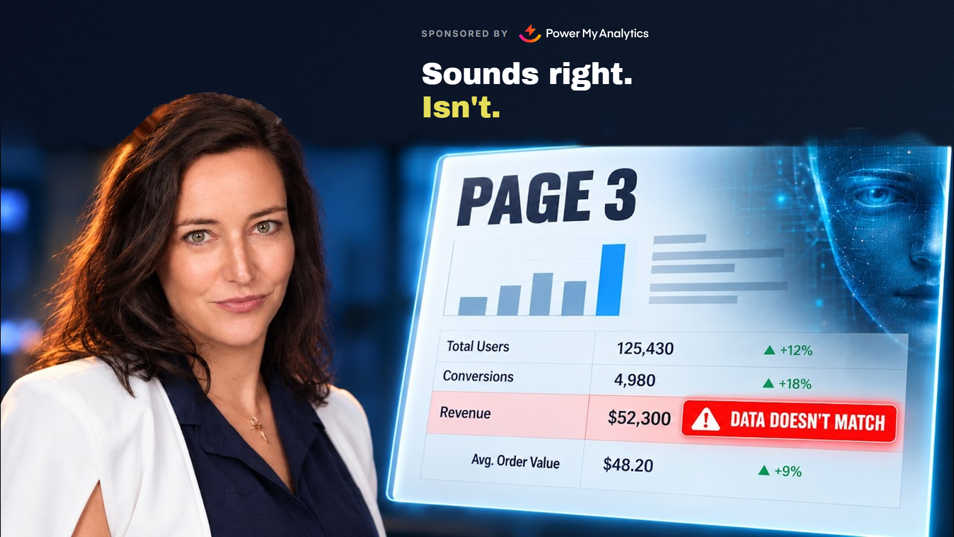 Antoinette Scott of Power My Analytics beside a dashboard flagging that the reported numbers do not match