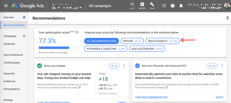 Google Ads Optimization Score bid and budget reccomendations