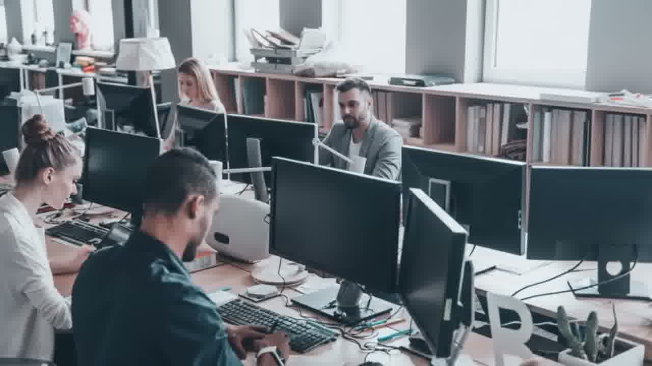 Modern agency office with marketing professionals working at computers