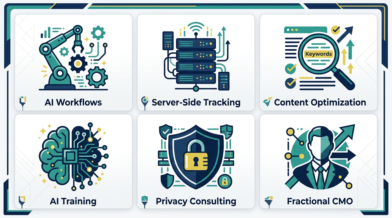 Grid of six new freelance marketing service categories: AI Workflows, Server-Side Tracking, Content Optimization, AI Training, Privacy Consulting, and Fractional CMO