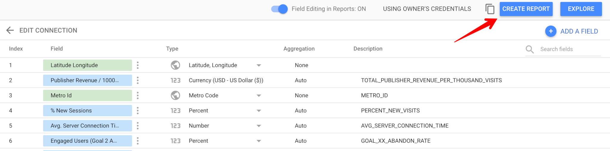 Adding fields to Google Data Studio report