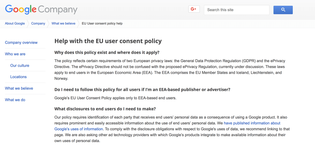 Google Documentation on GDPR