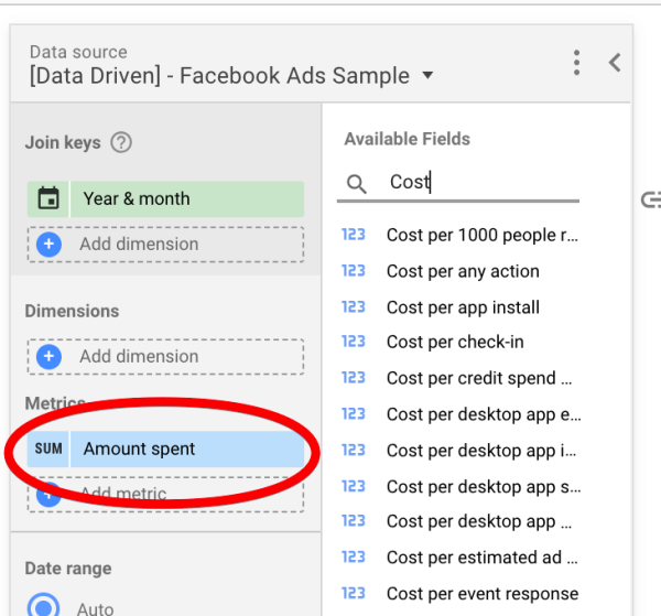 Facebook ads metrics in Google Data Studio