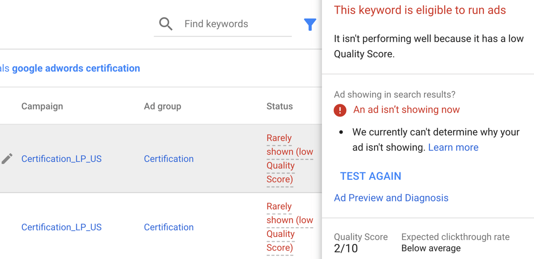 fix low quality scores - AdWords account audit