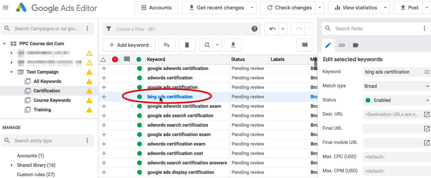 Removing keywords from ad groups