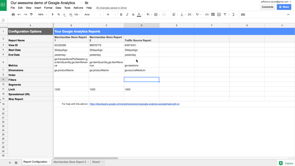 Google sheet add-on configuration of custom reports