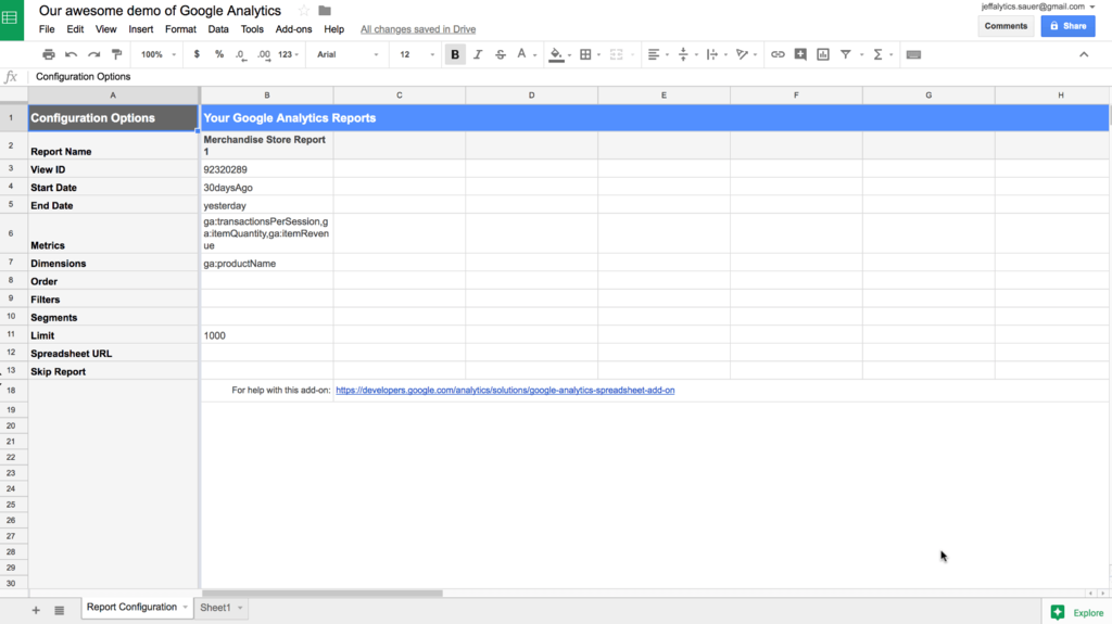 Google analytics api sheets add-on configuration tab