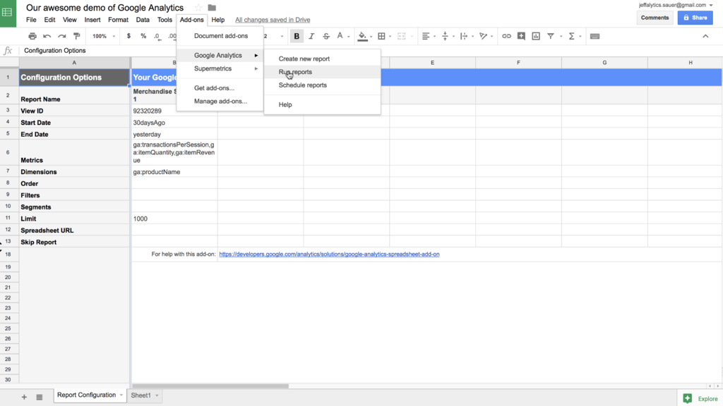 Google sheets api add-on run report