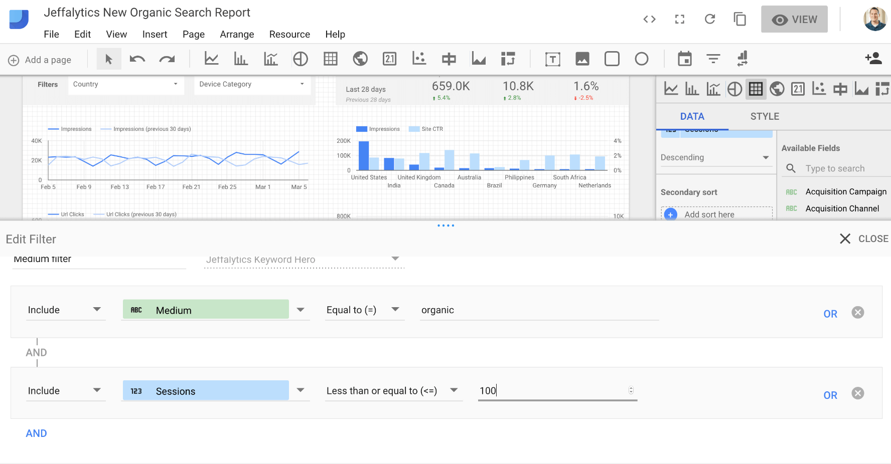 longtail keywords filter in seo dashboard using Google Data Studio