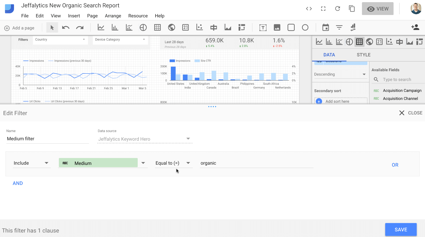 filter organic keywords in seo dashboard