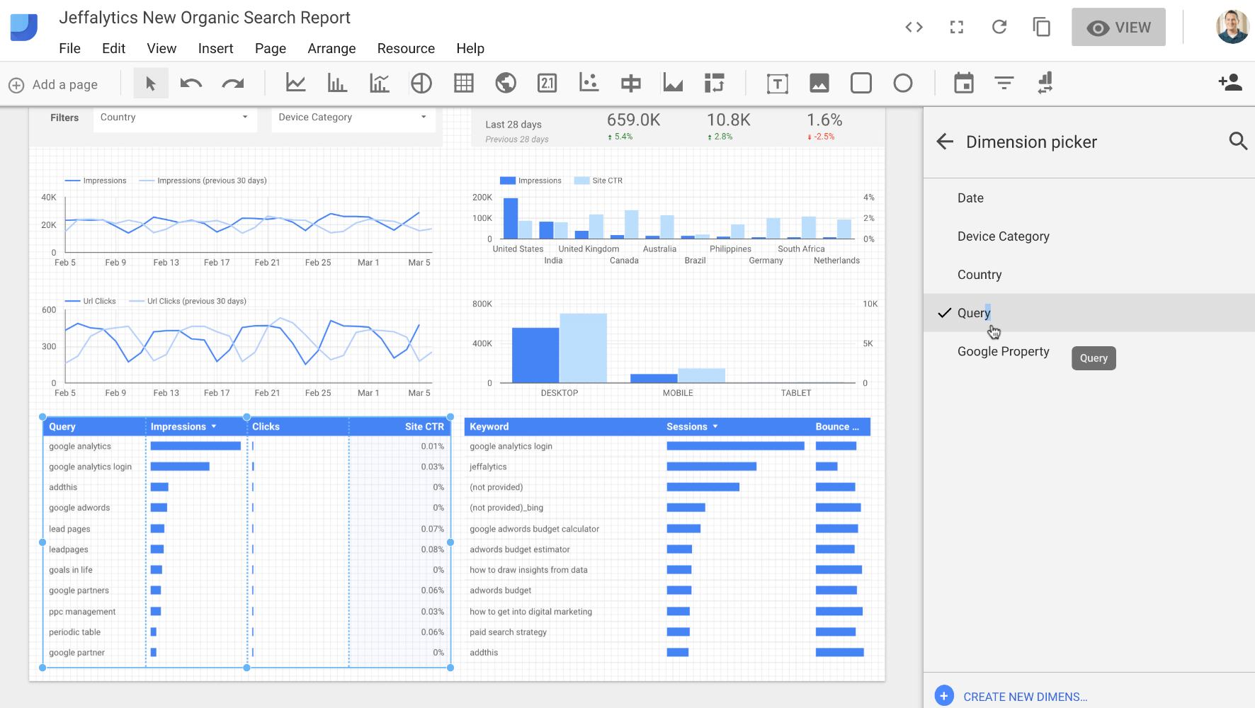 Dimension picker in data studio