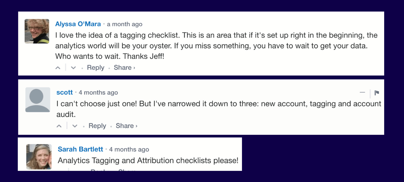 Google Analytics tagging checklists votes