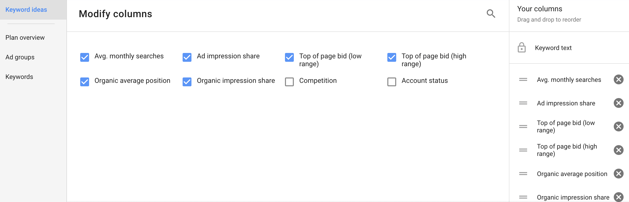 Modifying your columns in the Keyword planner