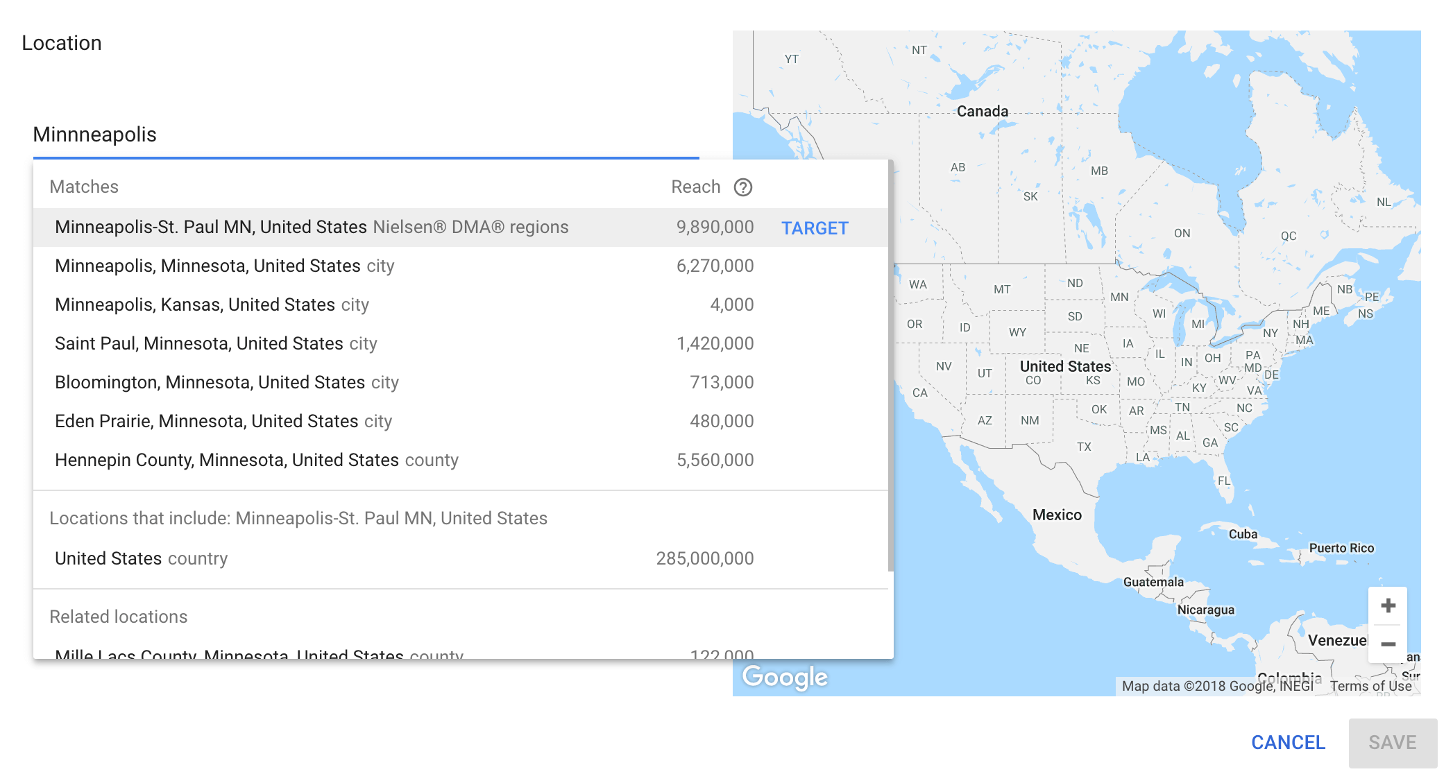 Location setting in the Google Keyword planner