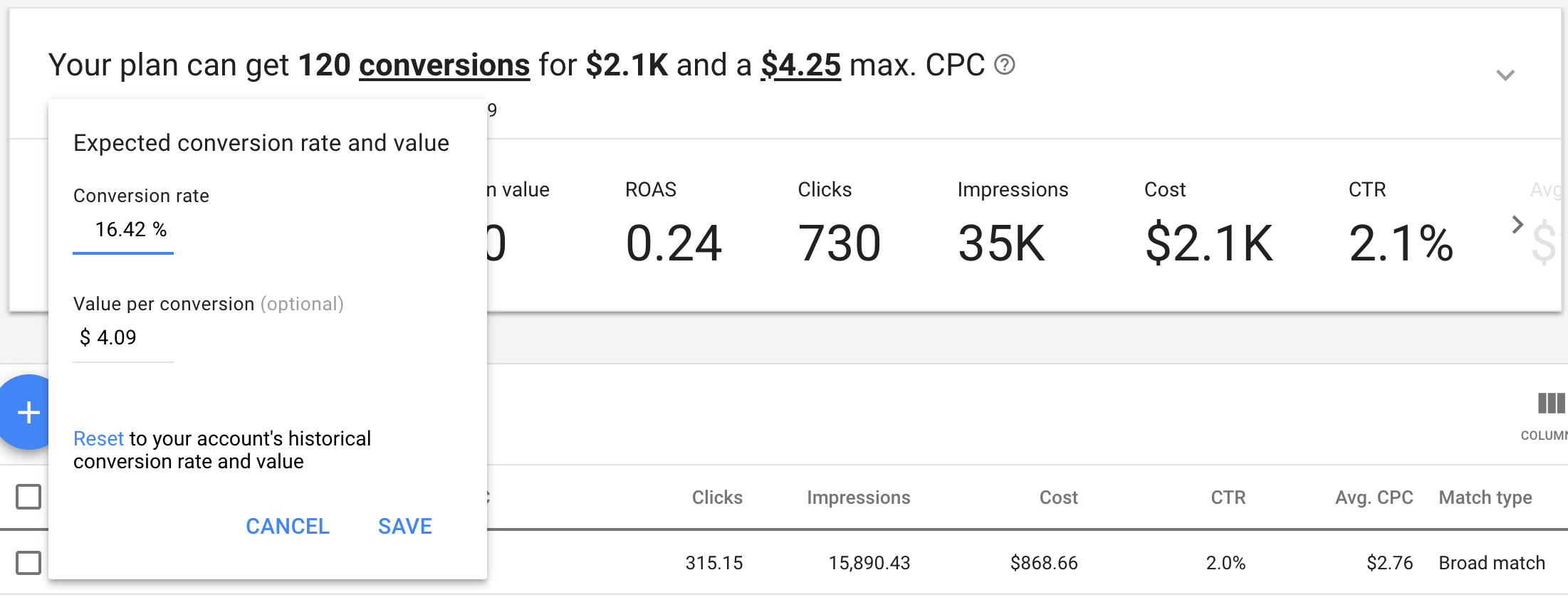 Change conversion values in the Google keyword Planner