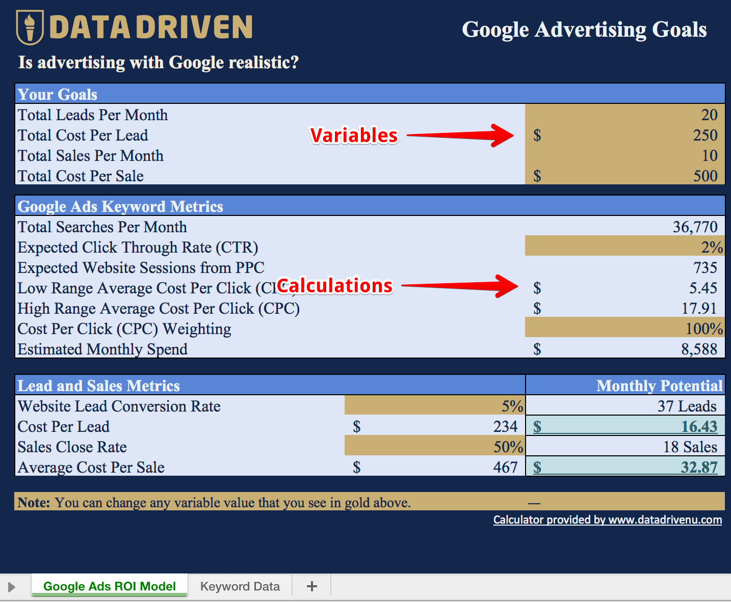 Google Ads ROI Model Variables