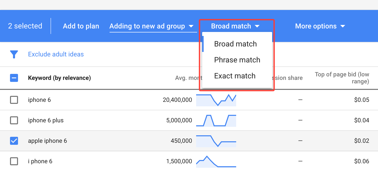 Match types in the Google keyword planner