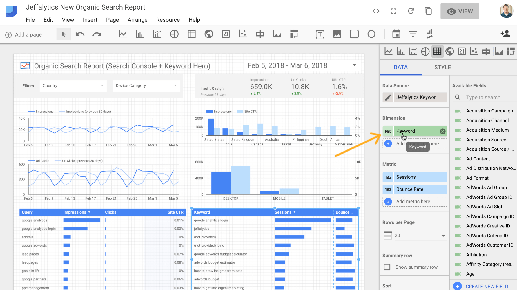 Adjusting metrics and dimension in Google Data Studio