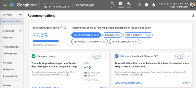 Google Ads Optimization Score