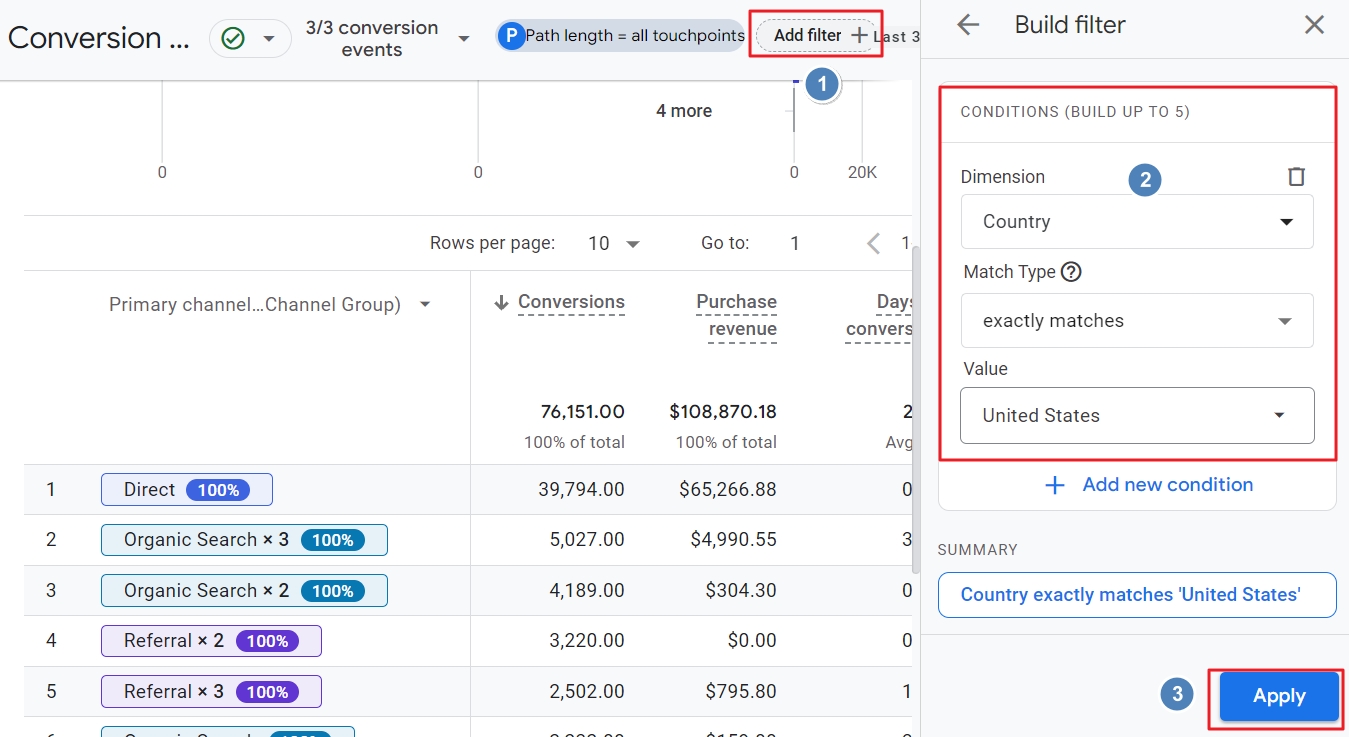 Add filter conversion paths report google analaytics 4