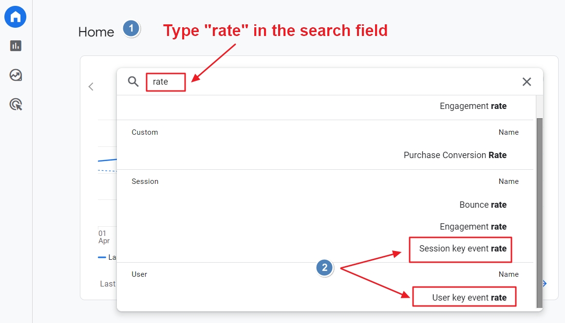 add key event rate metrics ga4 home report