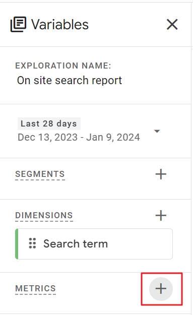 Add metrics search terms exploration ga4