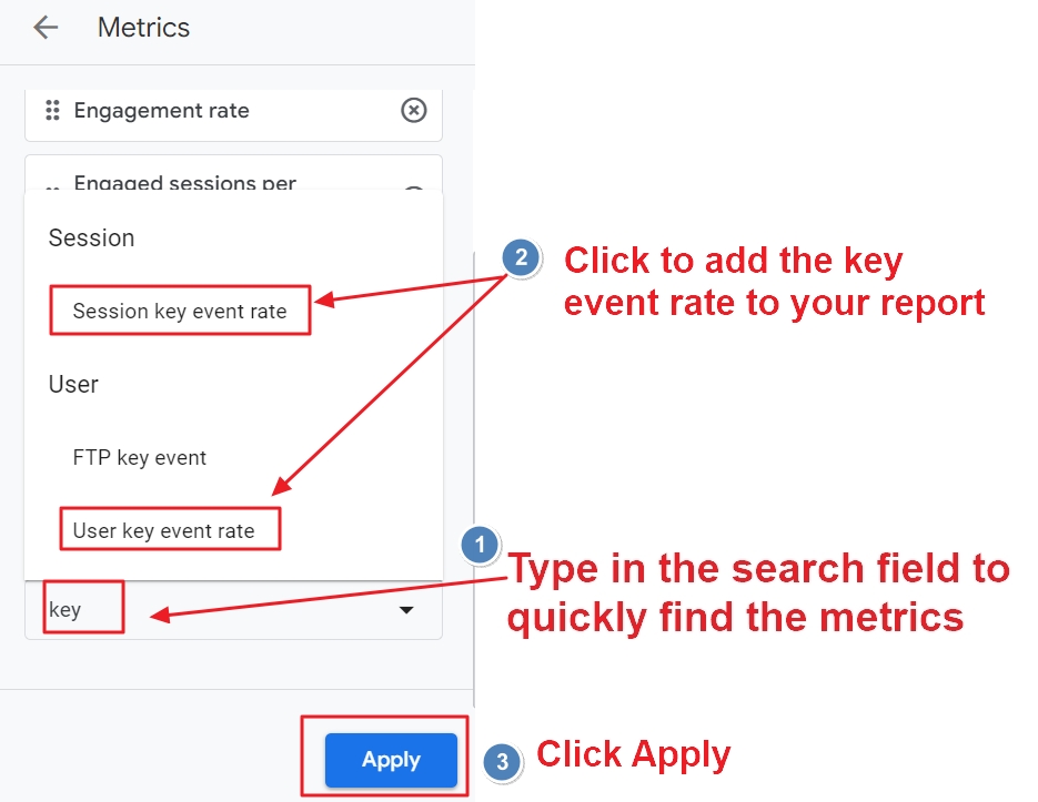 add user key event rate session key event rate metric to google analytics 4 report