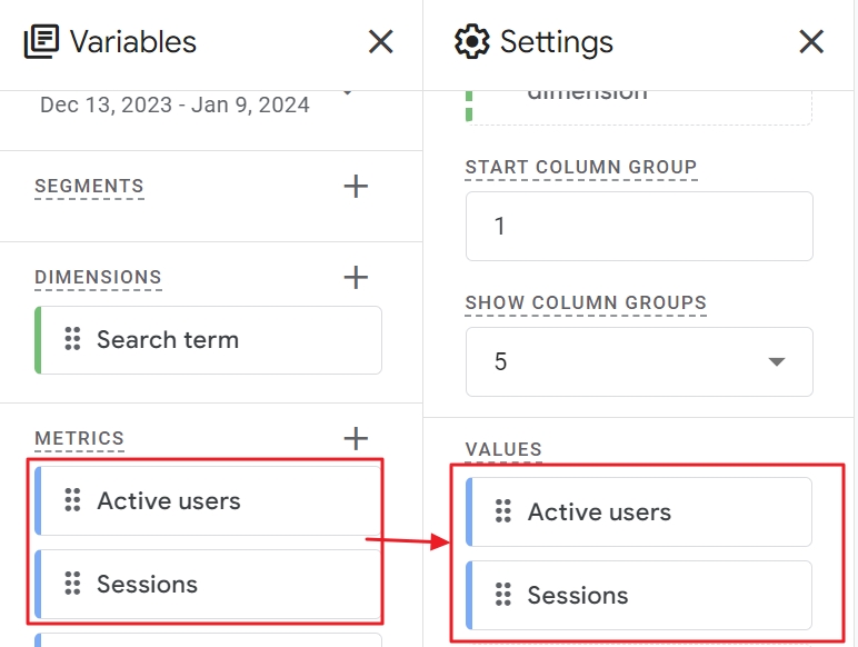 Add values search terms exploration google analytics 4