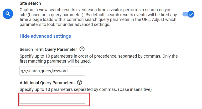 additional query parameters site search ga4