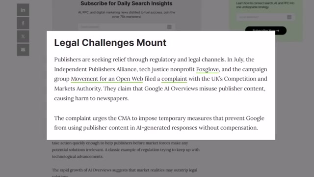 Search Engine Land article showing legal challenges publishers face from AI Overviews