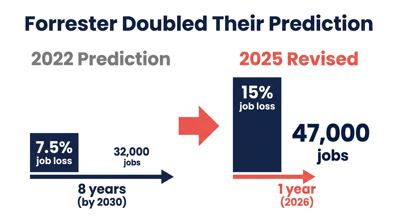 Forrester doubled their agency job loss prediction from 7.5 percent over 8 years to 15 percent in 2026 alone