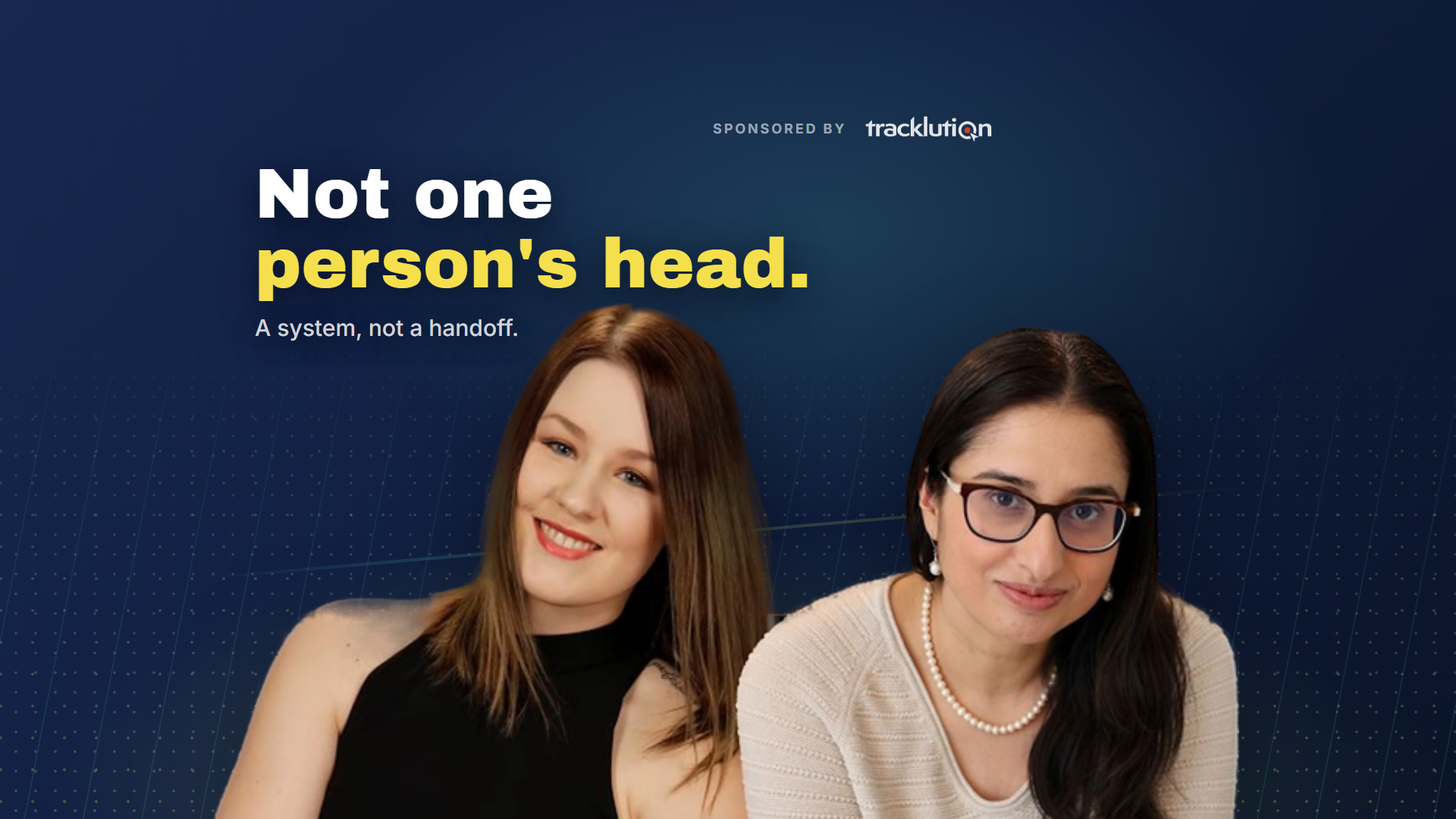 Anni Salo of Tracklution and Manisha of MeasureU beside the headline Not one person's head, on a navy MeasureU cover for the three layer client tracking framework, sponsored by Tracklution