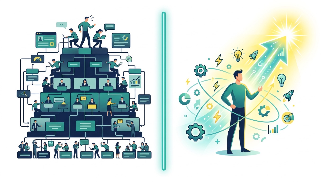 Infographic comparing traditional agency pyramid with many employees to a solo operator leveraging AI tools with higher profit margins
