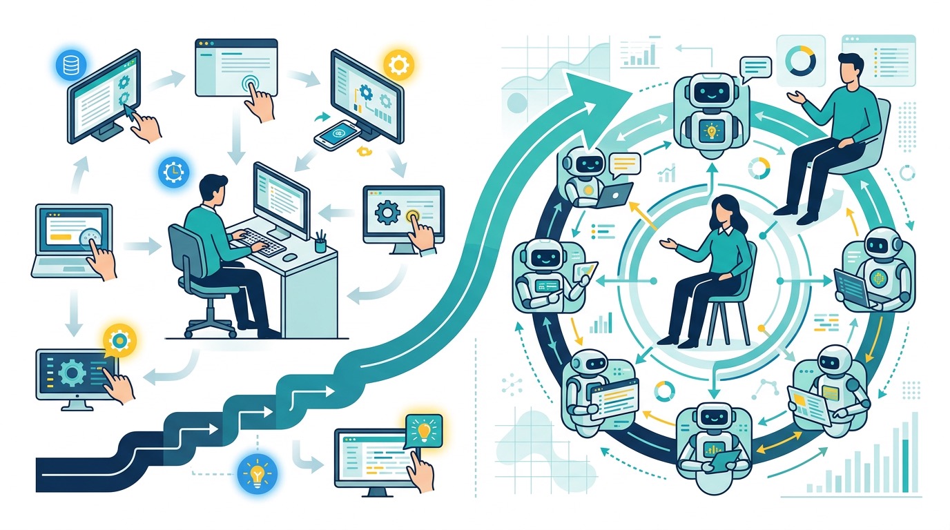 Side-by-side comparison of manual multi-step workflows versus AI agent-assisted autonomous workflows with robots handling tasks