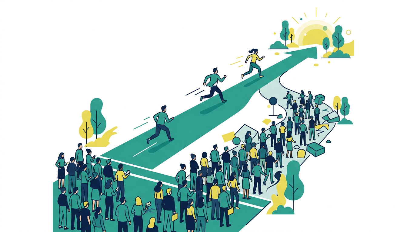 Early movers running ahead on a clear path while a crowd waits at the starting line, illustrating first-mover advantage in AI ads