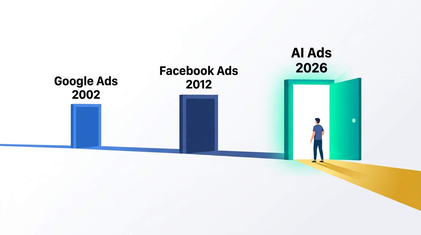 First mover advantage timeline from Google Ads 2002 to Facebook Ads 2012 to AI Ads 2026